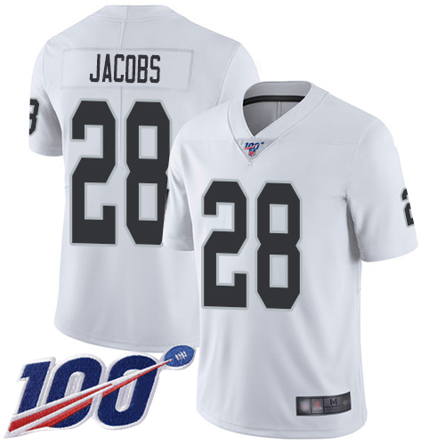 Men Oakland Raiders Limited White Josh Jacobs Road Jersey NFL Football #28 100th Season Vapor Jersey